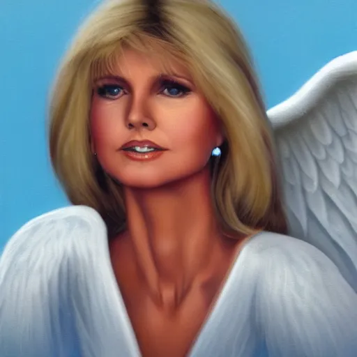 Prompt: Olivia Newton John as a beautiful angel looking at earth from heaven, trending on artstation,