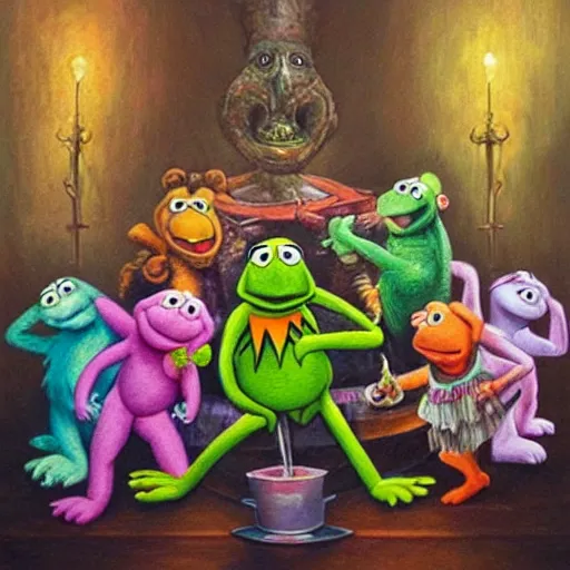 Prompt: “ a detailed painting of the muppets doing an exorcism on a possessed care bear, demonic possession, ominous and dark ritual, divine chaos, surreality, detailed, ultrasharp ”