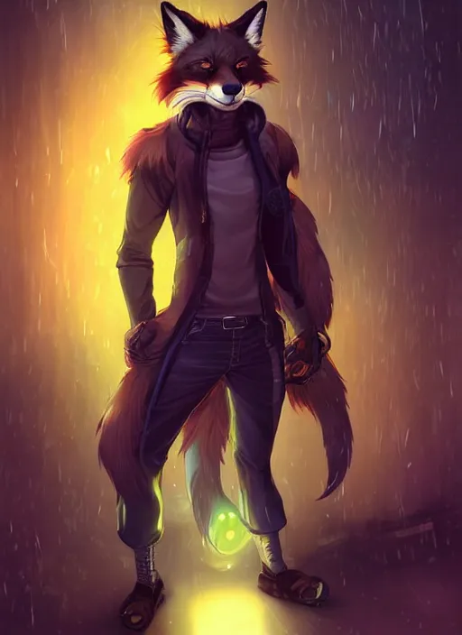 Image similar to award winning beautiful portrait commission of a male furry anthro melanated fox fursona with a tail and a cute beautiful attractive detailed furry face wearing stylish cyberpunk clothes in a cyberpunk city at night while it rains. Character design by charlie bowater, ross tran, artgerm, and makoto shinkai, detailed, inked, western comic book art