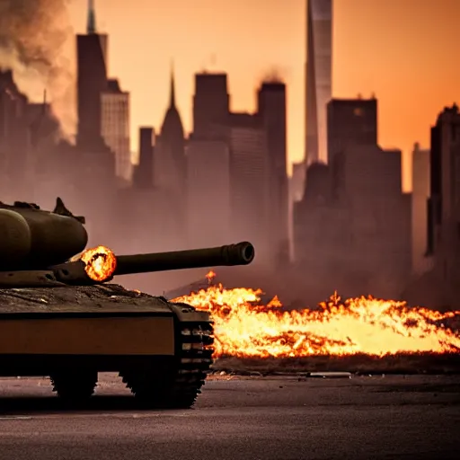 Image similar to destroyed tank in front of the new york skyline, smoking and burning, reflections, award winning photograph, sunset, desolate, atmospheric