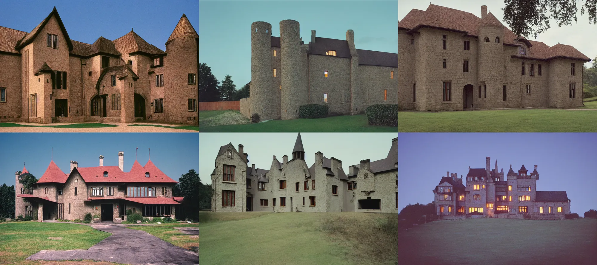 Prompt: film still of a modern house in the style of a medieval castle, by Étienne-Louis Boullée cinestill 800t 35mm full-HD