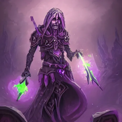 Prompt: a necromancer holding a bone staff, an army of undead rising from the ground in the background, violet theme, hearthstone art style, epic fantasy style art, fantasy epic digital art, epic fantasy card game art