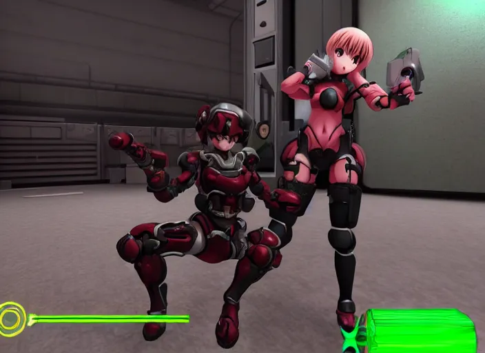 Image similar to an anime girl in a screenshot of the video game doom, the anime girl is crouching