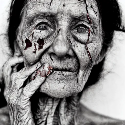 Image similar to scarred older woman, faded beauty, fragile optimism