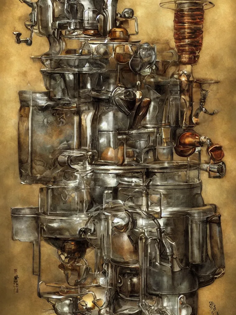 Image similar to ancient coffee machine, by Simon Stalenhaag, by Yoshita Amano, by Esao Andrews, sharp focus, fresh colors, deviantart