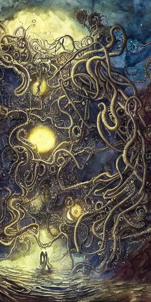 Image similar to a lovecraftian expressive water colour of a steampunk planet by josep tapiro baro in the style of romanticism art, dynamic lighting