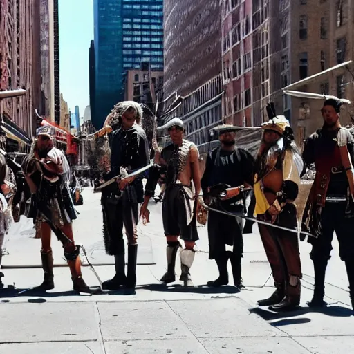 Image similar to real pirates standing with they swords ready in the middle of the road in new york city.