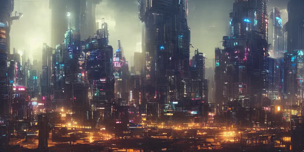 Prompt: a city skyline in a cyberpunk world ,octane render, matte painting, 4k