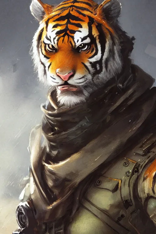 Prompt: portrait male anthro tiger dressed in military clothes character full body precis no blur, concept art, character sheet, nier automata, gaston bussiere, greg rutkowski, tsutomu nihei, cyberpunk, trending on artstation, featured on pixiv, hyper detail, cinematic composition, 8 k, detailed face