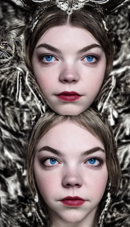 Image similar to dressed anya taylor - joy as goddess of the cats, symmetrical, cinematic, elegant, real photography, 4 k, ultra hd, sense of awe