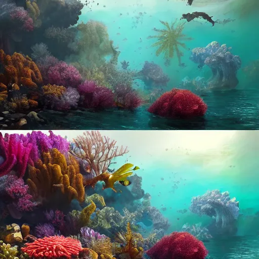 Image similar to a painting of a underwater scene with corals and plants, a detailed matte painting by Kim Keever, cg society contest winner, fantasy art, rendered in unreal engine, unreal engine, cryengine