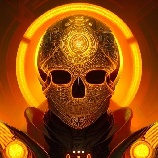 Image similar to symmetry!! portrait of golden! skull warrior, tech wear, glowing lights!! intricate, elegant, highly detailed, digital painting, artstation, concept art, smooth, sharp focus, illustration, art by artgerm and greg rutkowski and alphonse mucha