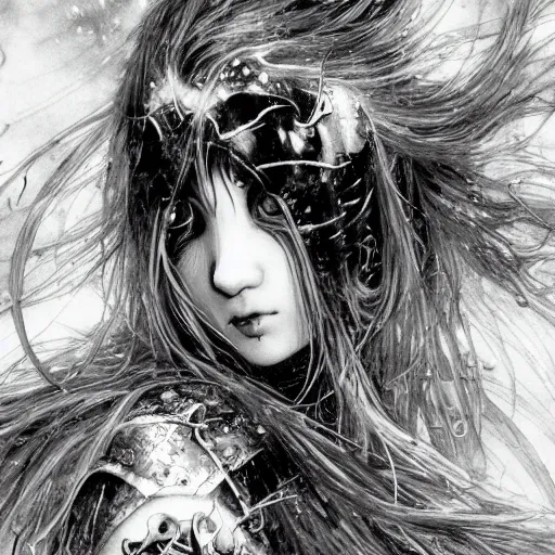 Image similar to Yoshitaka Amano blurred and dreamy illustration of an anime girl with black eyes, wavy white hair and cracks on her face wearing elden ring armour with the cape fluttering in the wind, abstract black and white patterns on the background, noisy film grain effect, highly detailed, Renaissance oil painting, weird portrait angle