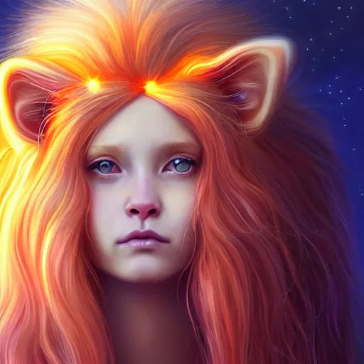 Prompt: Portrait of a girl angel with pale orange colored frizzy strands of illuminated hair, cat ears on her head, glowing halo, Lion's Mane, Cosmic, Lion's Gate, 8/8, fantasy, intricate, elegant, highly detailed, digital painting, artstation, concept art, smooth, sharp focus, illustration, art by Krenz Cushart and Artem Demura and alphonse mucha