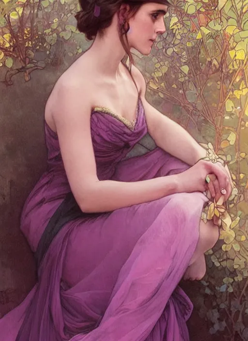 Prompt: emma watson wearing revealing elegant pink and purple dress with flounces. beautiful detailed face. by artgerm and greg rutkowski and alphonse mucha