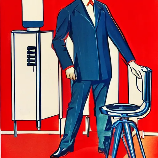 Image similar to man in futurist lab, 6 0 s ´ s design, leyendecker style, red and white walls