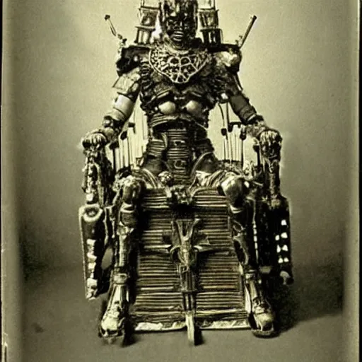 Image similar to grainy 1800s photo of the high cybernetic warrior crown prince overlord in triumph on his throne. his throne is made of human bones