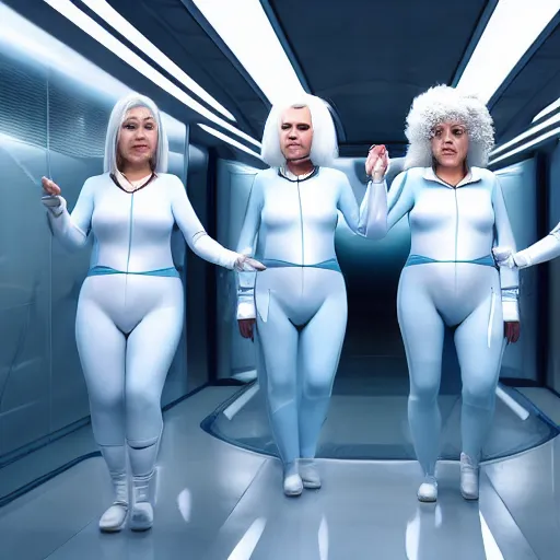 Prompt: formation of determined chubby mustached women with white hair, white hair, tight light blue neopren suits, futuristic production facility, sci - fi, highly detailed, cinematic