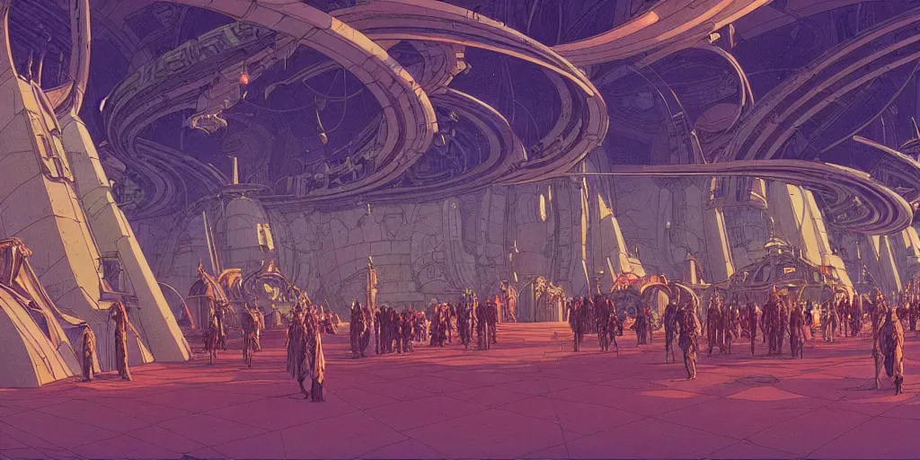 Image similar to cel shaded cinematic shot of the interior of a sci-fi space station with ornate Elven architecture bustling with people, epic castle, emerald, crystalline, detailed illustration, sharp focus, concept art by Moebius, Jean Giraud Moebius