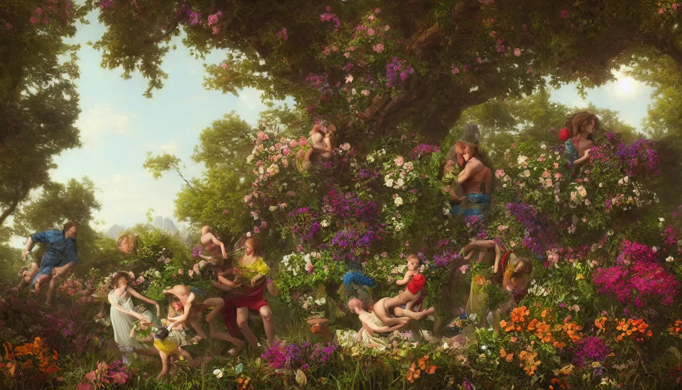 Image similar to An epic fantastic realism comic book style painting of the most beautiful flowers devouring a family as they try to escape, fisheye lens, painted by the Hudson River school, unreal 5, DAZ, hyperrealistic, octane render, dynamic lighting