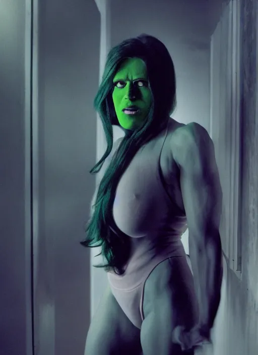 Prompt: a color photo portrait of she hulk in la by gregory crewdson, dramatic lighting, 7 5 mm lens, sharp focus.