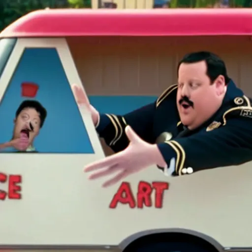 Image similar to paul blart getting hit by an ice cream truck, still from paul blart mall cop