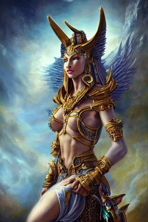 Image similar to Mystical Valkyrie, Portrait of a beautiful female Atlantean Alien Anubis Warrior, Realistic, Regal, Refined, Detailed Digital Art, François Boucher, Oil Painting, Michael Cheval, Esao Andrews, Steampunk, Walt Disney (1937), Highly Detailed, Cinematic Lighting, Unreal Engine, 8k, HD