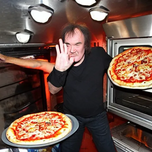 Prompt: quentin tarantino trapped inside a pizza oven