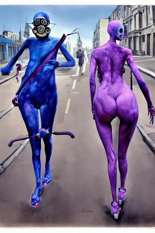 Prompt: a surreal frances bacon and james jean painting of two skinny fleshy figures, with extra limbs wearing ornate gas masks and clothed in purple and blue, walking down a city street, full view, concept art, horror art, extremely high details, hyper realistic high quality