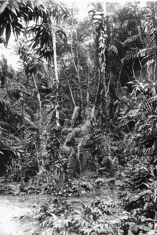 Image similar to alien buildings inside a jungle, black and white photography, year 1 9 0 0