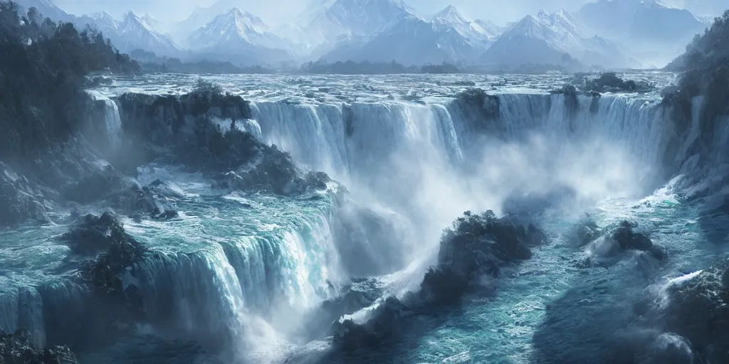 Prompt: cascade of multiple gigantic niagara falls in the himalaya, epic mountains, early dawn, fantasy illustration, matte painting, concept art, low angle shot, volumetric lighting, volumetric atmosphere, morning mist, art by james gurney, unreal engine 5, 8 k