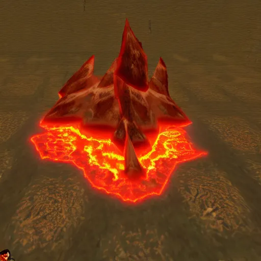 Image similar to TzKal-Zuk at the Inferno, old school runescape, lava river, magma, large shield of magma, obsidian pillars