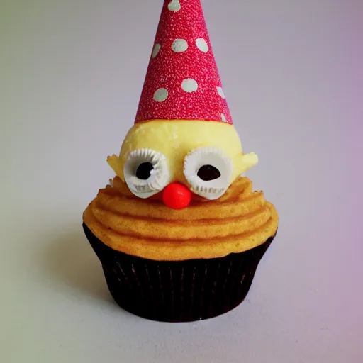 Image similar to hyper realistic cupcake gnome head with wafflecone hat