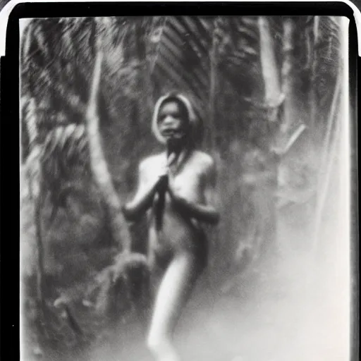 Image similar to an ancient evil-girl devouring the human souls on a mysterious Colombian jungle, mist, 1910 polaroid photography, grainy film, Black and white