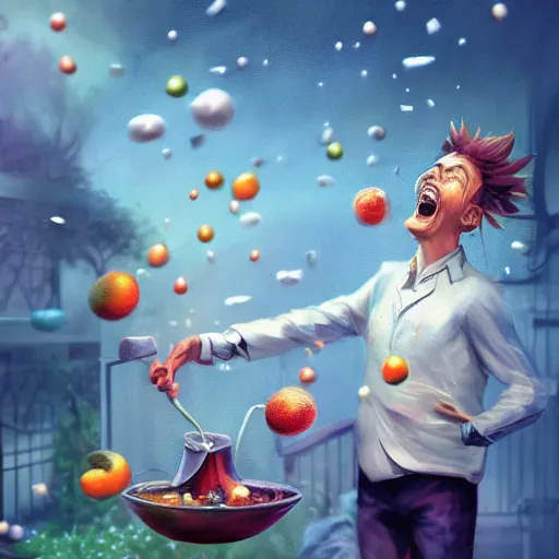 Prompt: !dream a mad scientist in a back yard laughing happily at the fruits which are falling from the sky , made by Stanley Artgerm Lau, WLOP, Rossdraws, ArtStation, CGSociety, concept art, cgsociety, octane render, trending on artstation, artstationHD, artstationHQ, unreal engine, 4k, 8k,