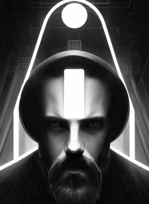 Prompt: symmetry!! 1 3 mm film portrait of bearded man, sci - fi -, cyberpunk, blade runner, glowing lights, tech, biotech, techwear!! intricate, elegant, highly detailed, digital painting, artstation, concept art, smooth, sharp focus, illustration, art by artgerm and greg rutkowski and alphonse mucha, grain, old photograph