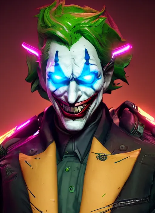 Image similar to glowwave portrait of joker from borderlands 3, au naturel, hyper detailed, digital art, trending in artstation, cinematic lighting, studio quality, smooth render, unreal engine 5 rendered, octane rendered, art style by klimt and nixeu and ian sprigger and wlop and krenz cushart.