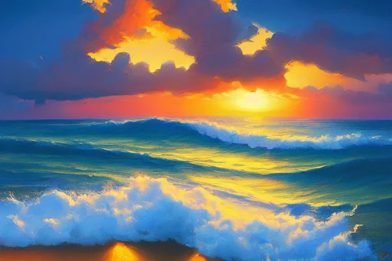 Image similar to a beautiful nature landscape with clouds, ocean waves, sunset, by rhads