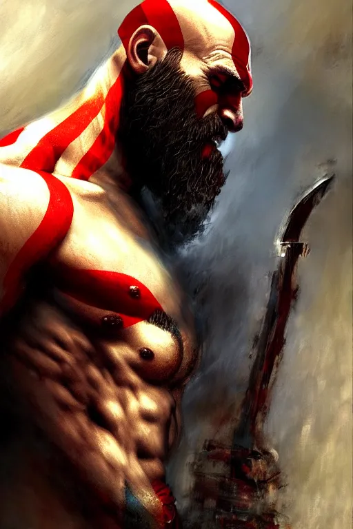 Prompt: god of war kratos half body detailed portrait dnd, abstract oil painting, brush strokes by gaston bussiere, craig mullins, greg rutkowski, yoji shinkawa
