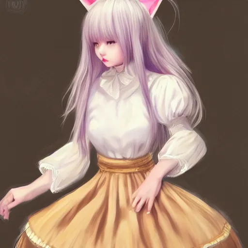 Image similar to realistic beautiful gorgeous natural cute Blackpink Lalisa Manoban white hair cute white cat ears in maid dress outfit golden eyes artwork drawn full HD 4K highest quality in artstyle by professional artists WLOP, Taejune Kim, Guweiz, ArtGerm on Artstation Pixiv