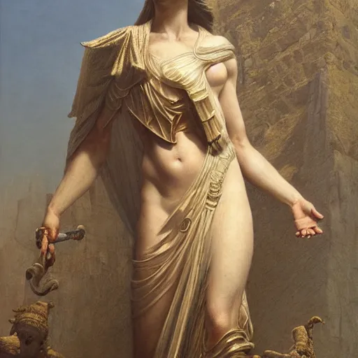 Image similar to Birth of Athena from the head of Zeus, hyperrealism, no blur, 4k resolution, ultra detailed, style of Greg Rutkowski, Carlos Schwabe, Dragan Bibin, Carl Spitzweg, Georges Desvallières, Tyler Edlin