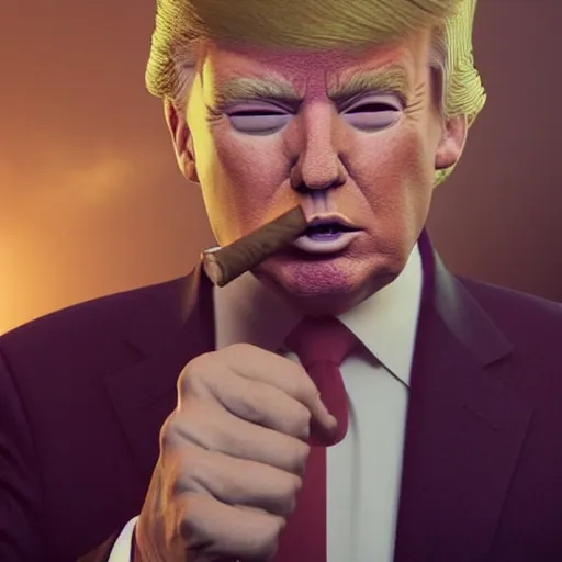 Image similar to a high quality photo of donald trump smoking a cigar, 3d scene, render, ultra realistic, artstation, cgsociety