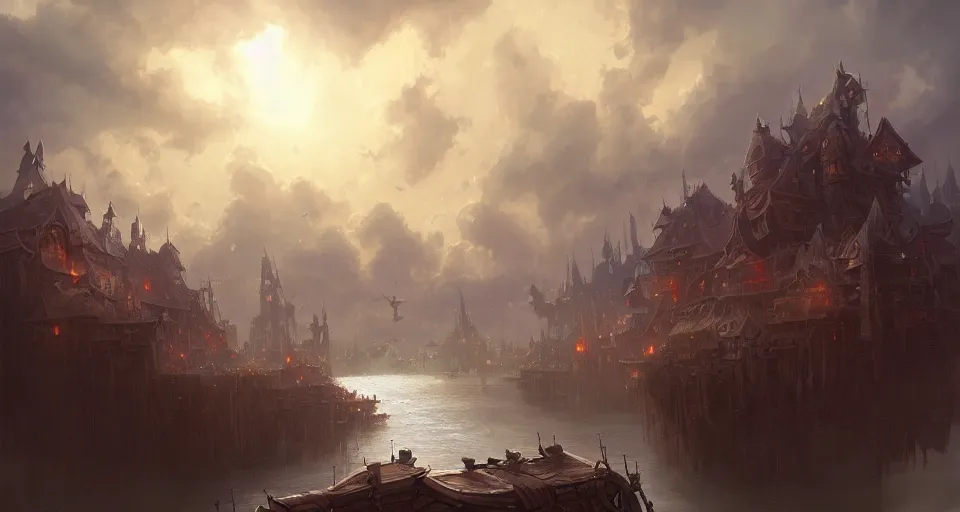 Prompt: low fantasy, landscape an floating town in the sky and an sky - ship flying towards it andreas rocha