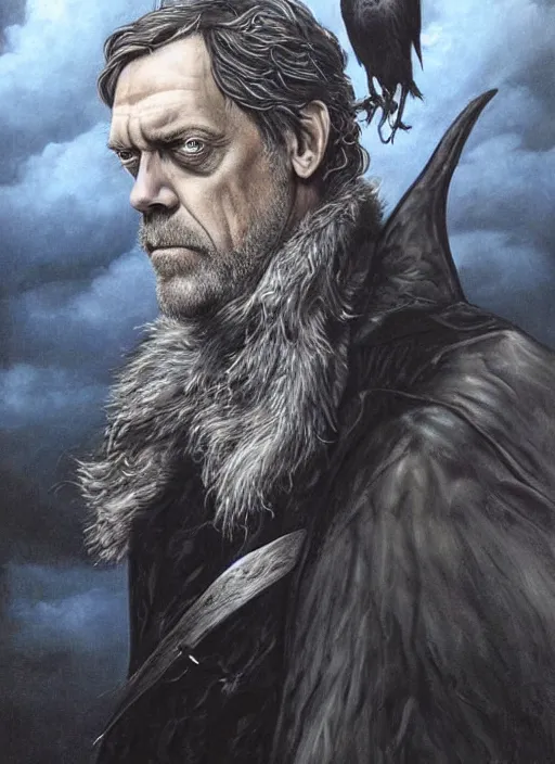 Prompt: hugh laurie as odin with only one eye, wearing a leather eye-patch!, a raven on his shoulder, dark background, stormy clouds, hyperrealistic, very detailed painting by Glenn Fabry, by Joao Ruas, by Artgerm