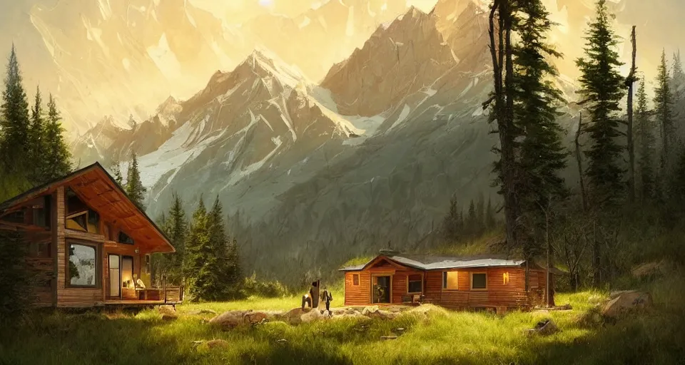 Image similar to cabela's beautiful comfortable self contained modular insulated wall container home kit - house all weather family dwelling tent house, person in foreground, mountainous forested wilderness open fields, beautiful views, painterly concept art, environmental concept art, concept art illustration, by james gurney, by craig mullins, by greg rutkowski trending on artstation