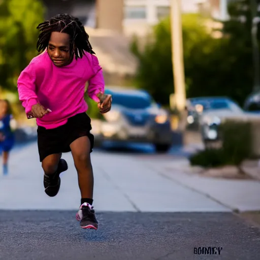 Image similar to portrait of midget a $ ap rocky running down a sidewalk, sharp focus, 4 k professional photograph, soft lighting