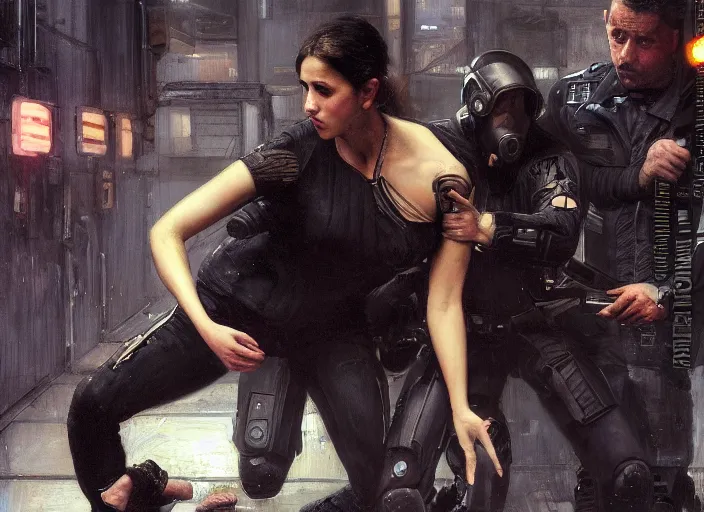 Image similar to Maria evades sgt Nash. Cyberpunk hacker in jumpsuit escaping menacing police troopers (blade runner 2049). beautiful face. flip. Iranian orientalist portrait by john william waterhouse and Edwin Longsden Long and Theodore Ralli and Nasreddine Dinet, oil on canvas. Cinematic, hyper realism, realistic proportions, dramatic lighting, high detail 4k