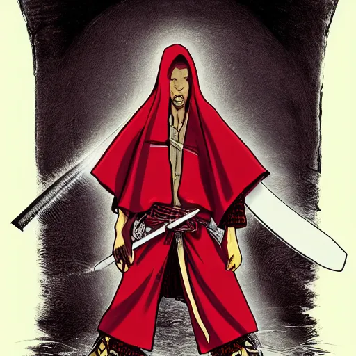 Image similar to samarai cloaked in white with swords, standing in light beam of a dark cave, ruby red sorrow, high quality, ultra detail