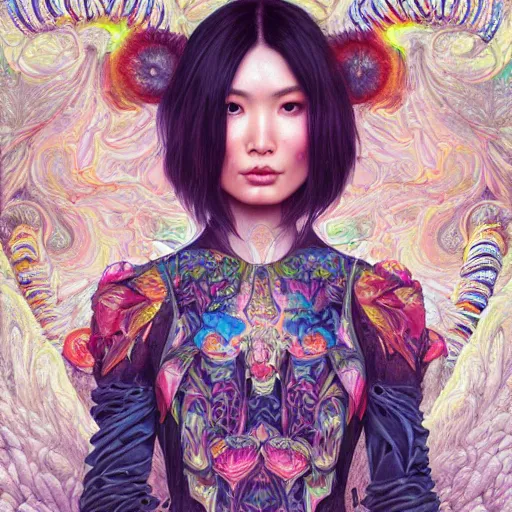 Image similar to portrait of gemma chan, hyper detailed masterpiece, neon floral pattern, jean giraud, digital art painting, darkwave goth aesthetic, psychedelic, artgerm, donato giancola and tom bagshaw