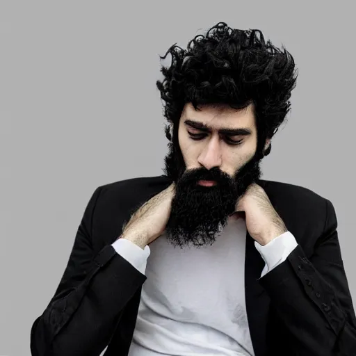 Prompt: a man with black hair and beard, wearing a black jacket, white shirt and jeans, sitting in an empty white room, devastated, highly detailed painting, 8 k